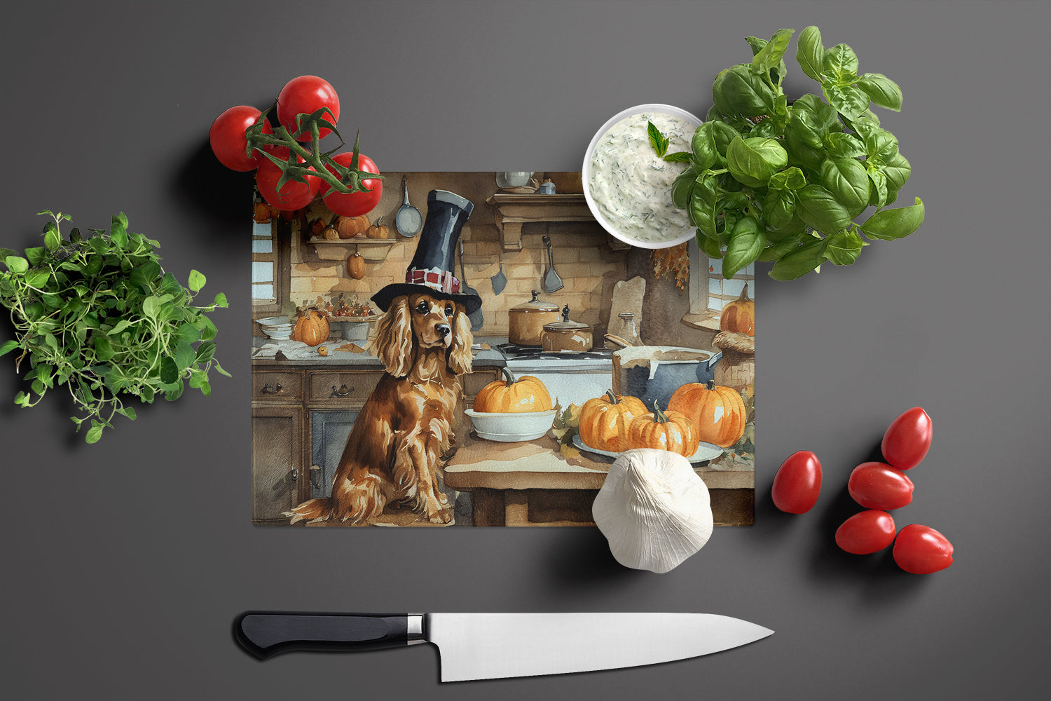 Cocker Spaniel Fall Kitchen Pumpkins Glass Cutting Board Large