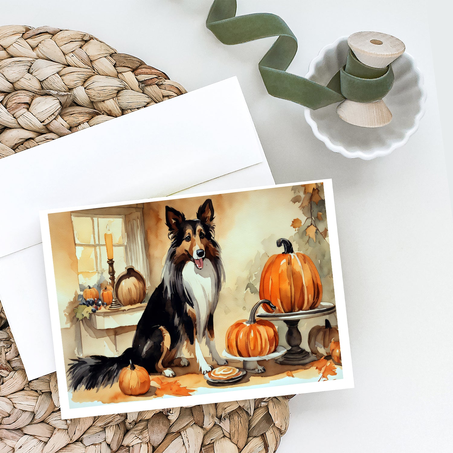 Collie Fall Kitchen Pumpkins Greeting Cards and Envelopes Pack of 8  the-store.com.