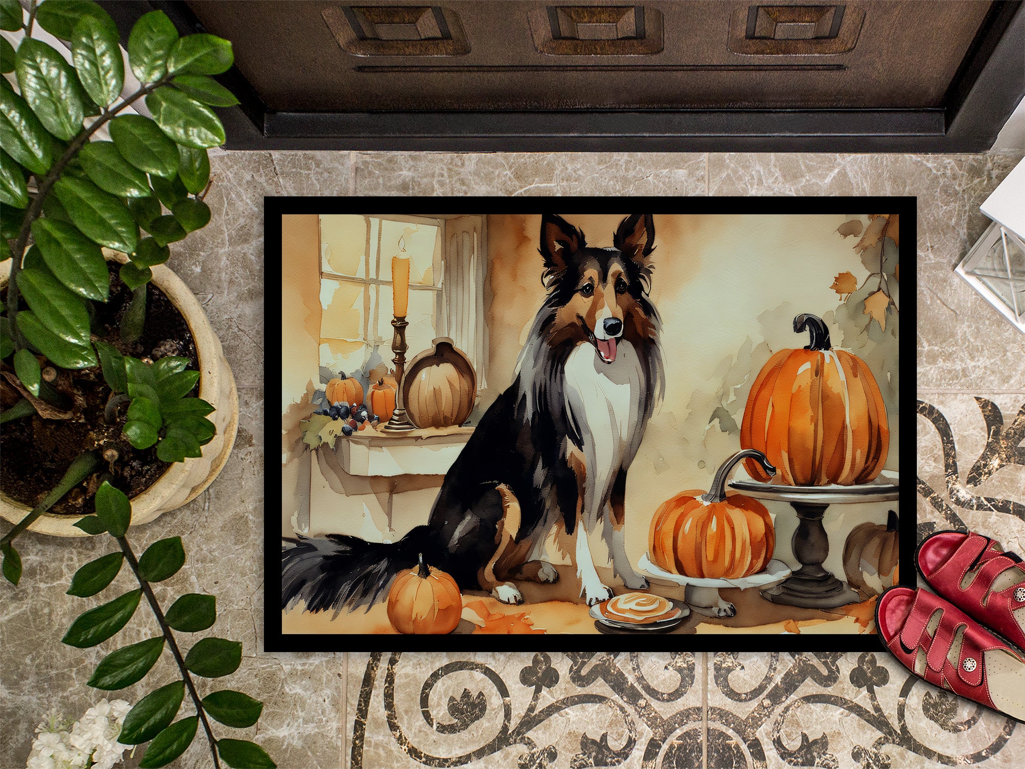 Collie Fall Kitchen Pumpkins Indoor or Outdoor Mat 24x36  the-store.com.