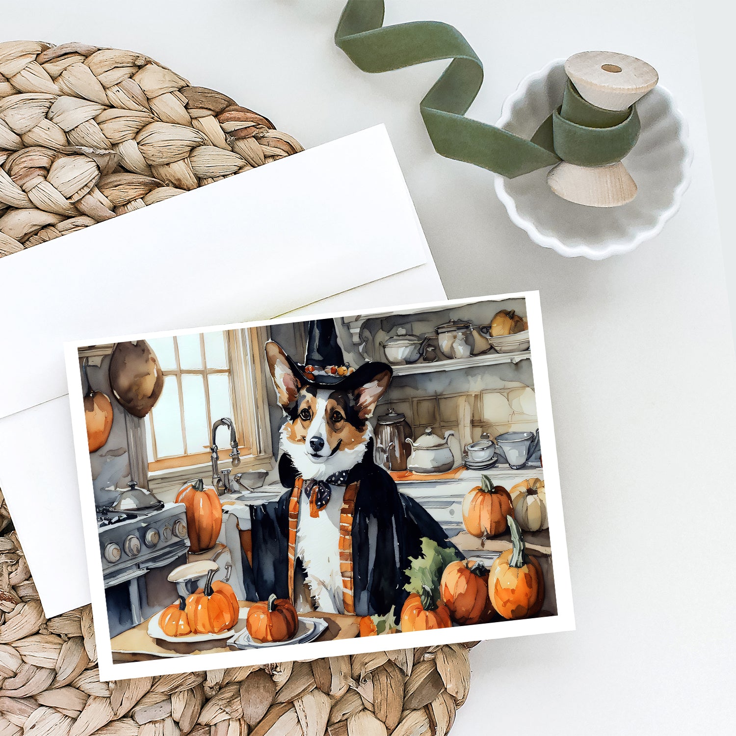 Buy this Corgi Fall Kitchen Pumpkins Greeting Cards and Envelopes Pack of 8