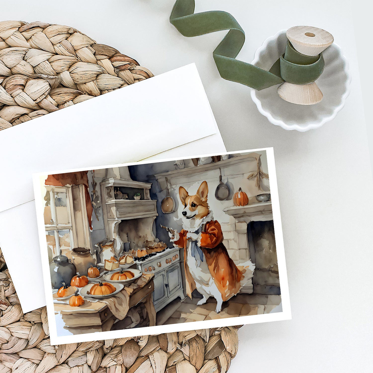 Buy this Corgi Fall Kitchen Pumpkins Greeting Cards and Envelopes Pack of 8