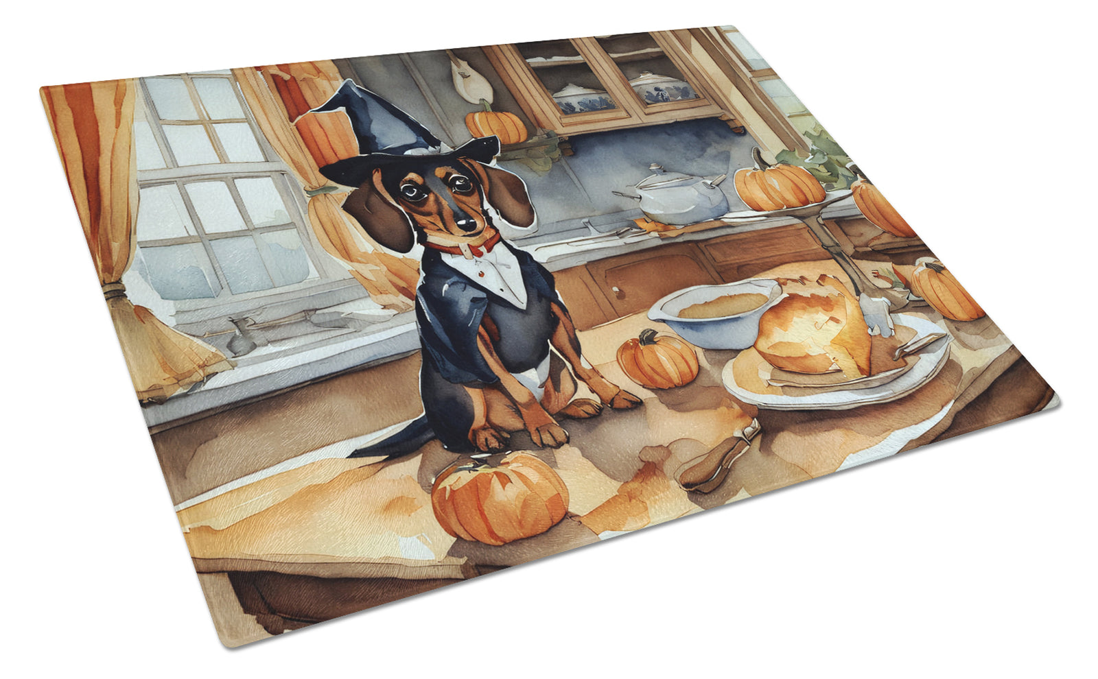 Buy this Dachshund Fall Kitchen Pumpkins Glass Cutting Board Large