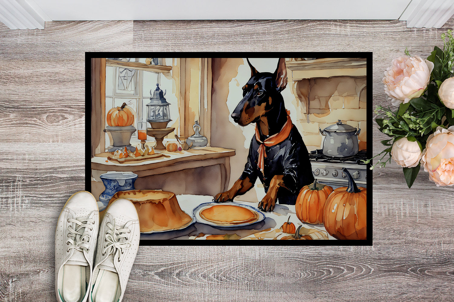 Doberman Pinscher Fall Kitchen Pumpkins Indoor or Outdoor Mat 24x36  the-store.com.