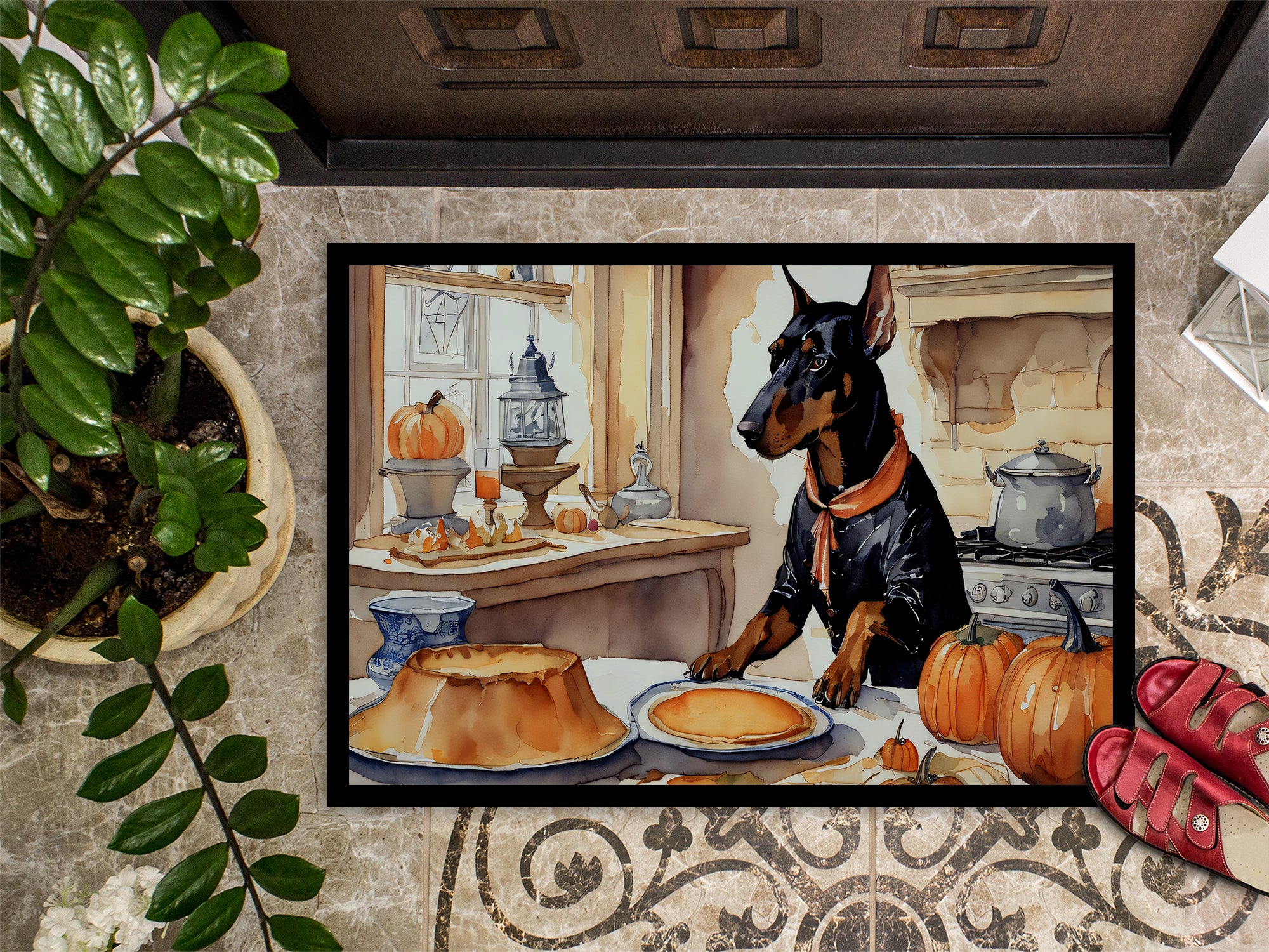 Doberman Pinscher Fall Kitchen Pumpkins Indoor or Outdoor Mat 24x36