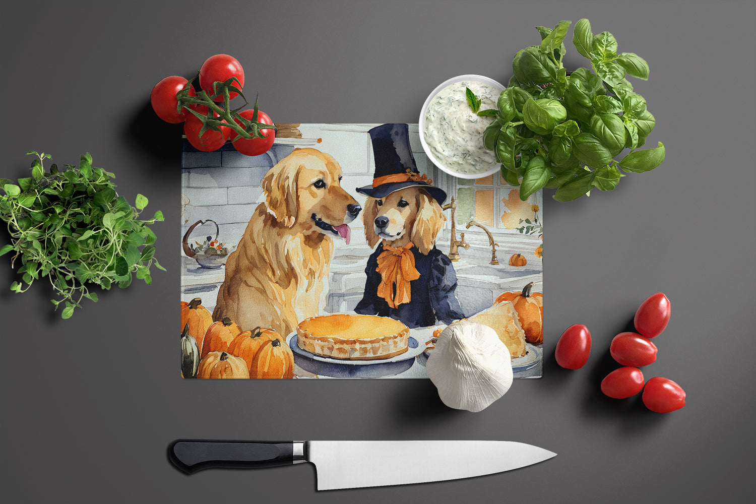 Golden Retriever Fall Kitchen Pumpkins Glass Cutting Board Large