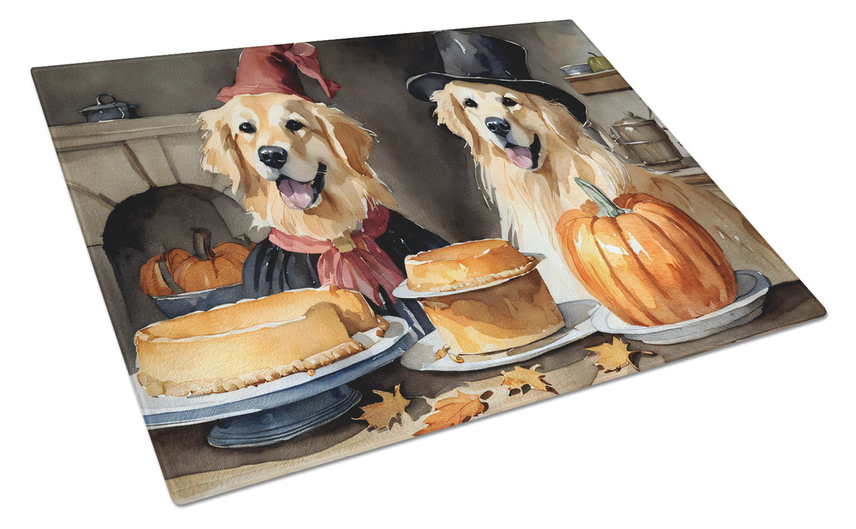 Buy this Golden Retriever Fall Kitchen Pumpkins Glass Cutting Board Large