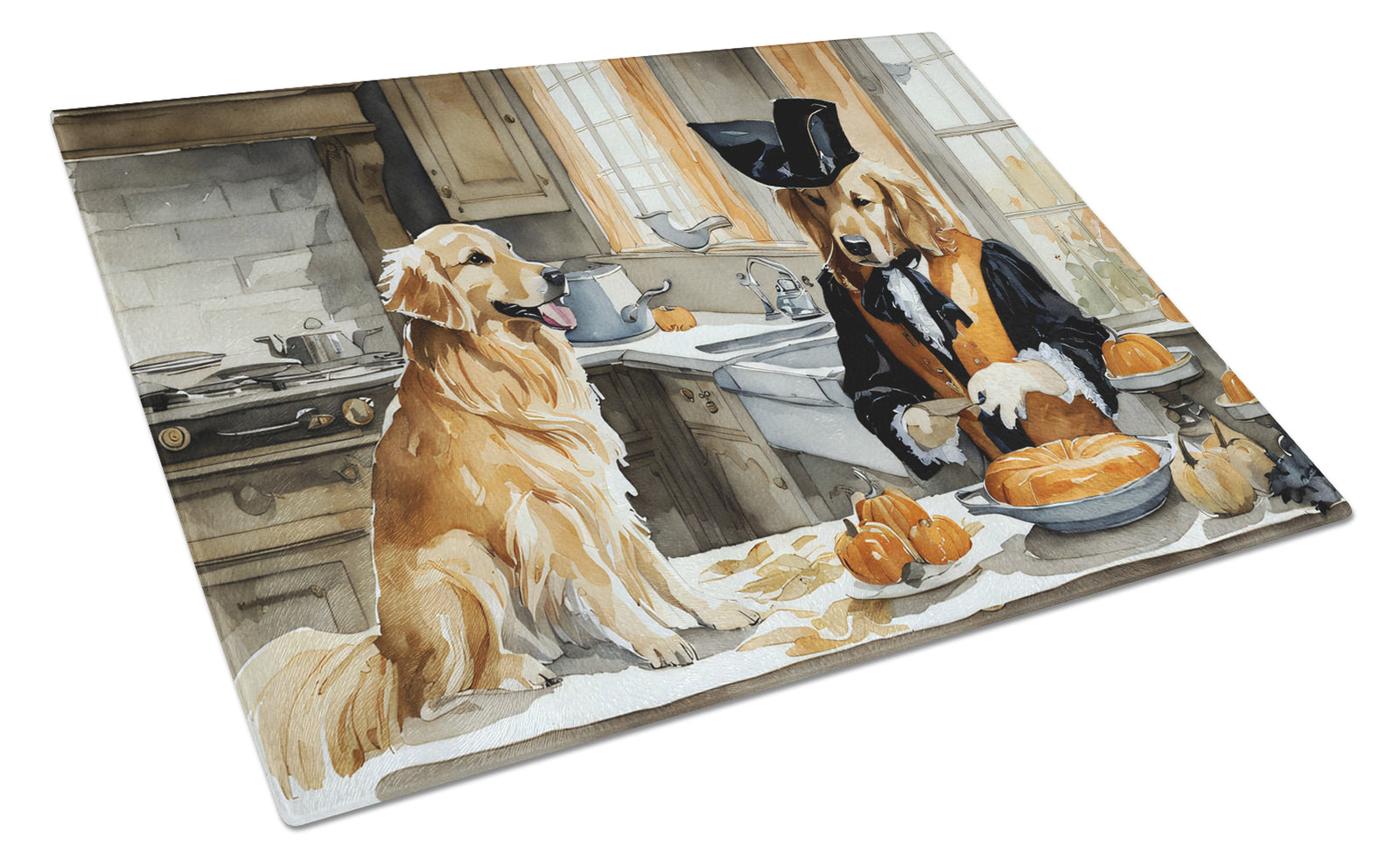 Buy this Golden Retriever Fall Kitchen Pumpkins Glass Cutting Board Large