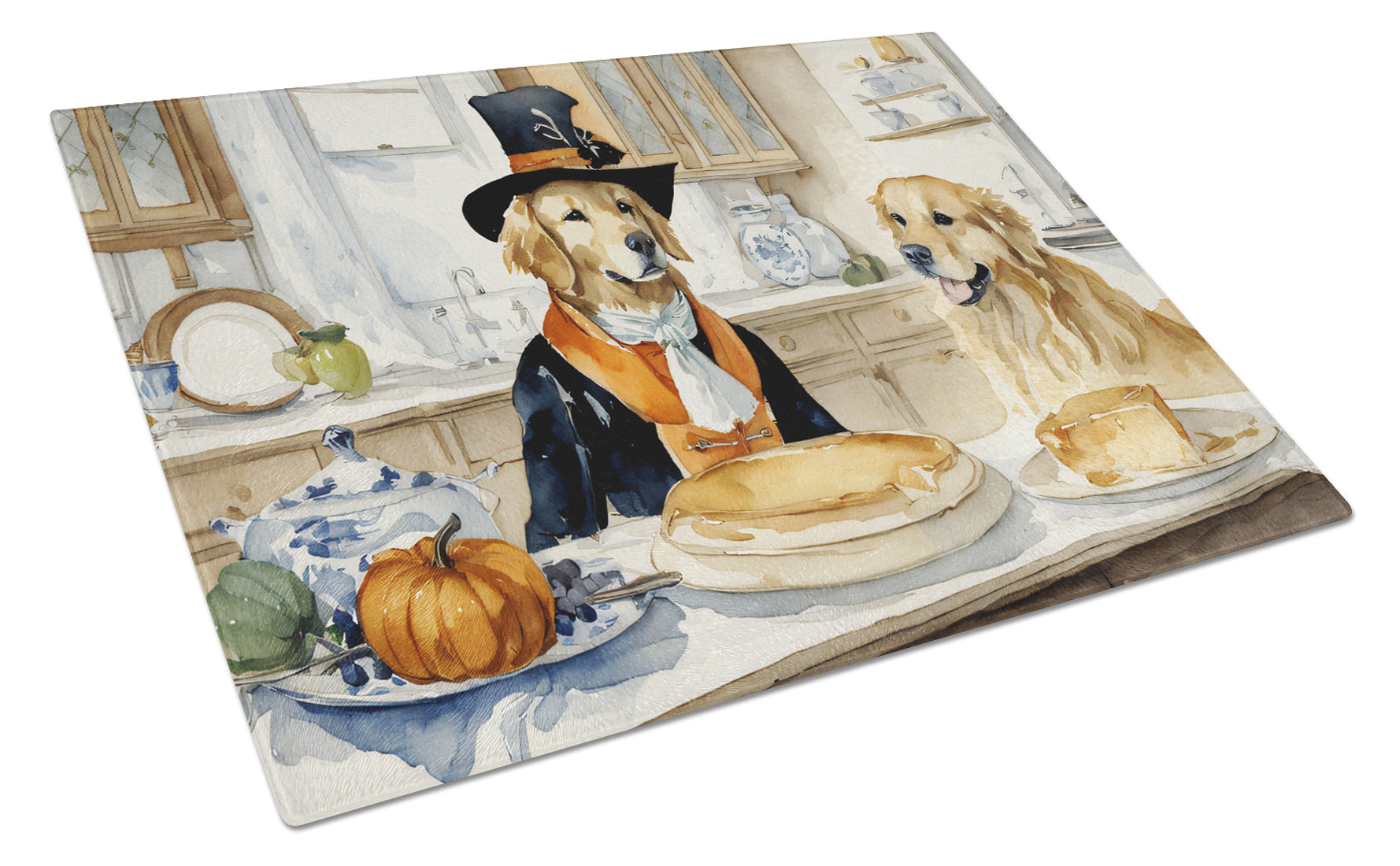 Buy this Golden Retriever Fall Kitchen Pumpkins Glass Cutting Board Large