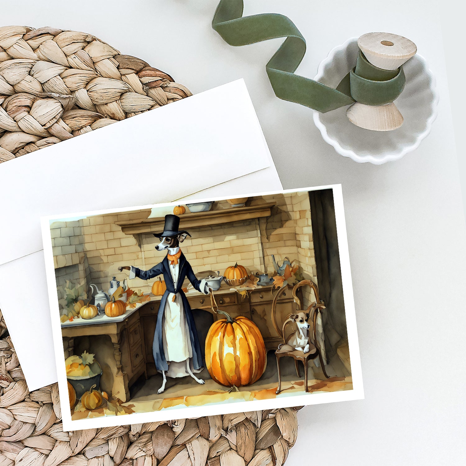 Italian Greyhound Fall Kitchen Pumpkins Greeting Cards and Envelopes Pack of 8  the-store.com.
