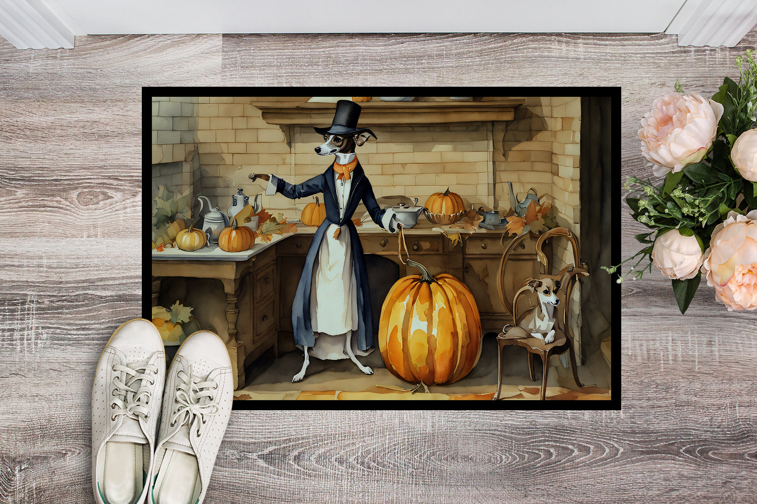 Italian Greyhound Fall Kitchen Pumpkins Indoor or Outdoor Mat 24x36  the-store.com.