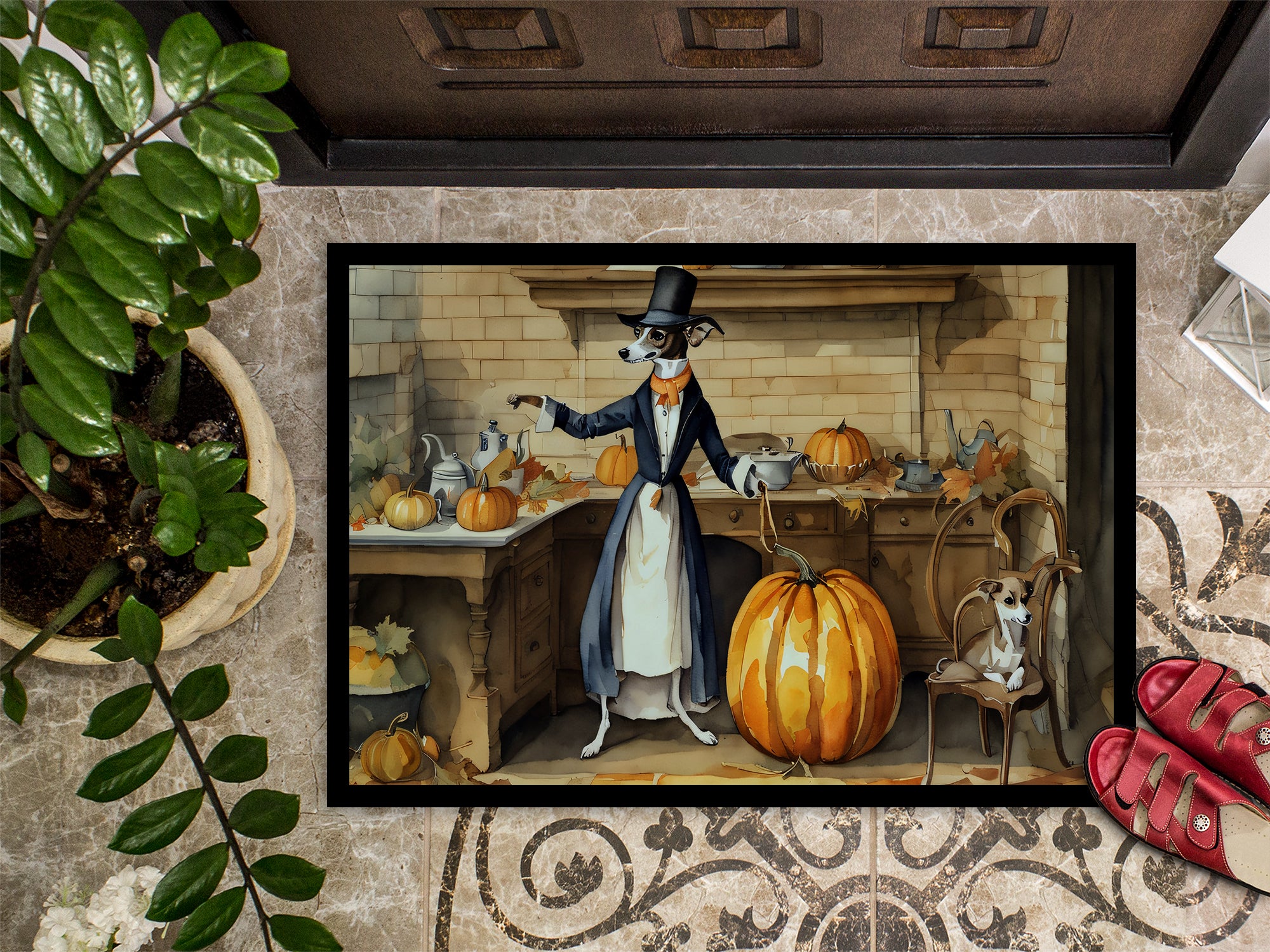 Italian Greyhound Fall Kitchen Pumpkins Indoor or Outdoor Mat 24x36