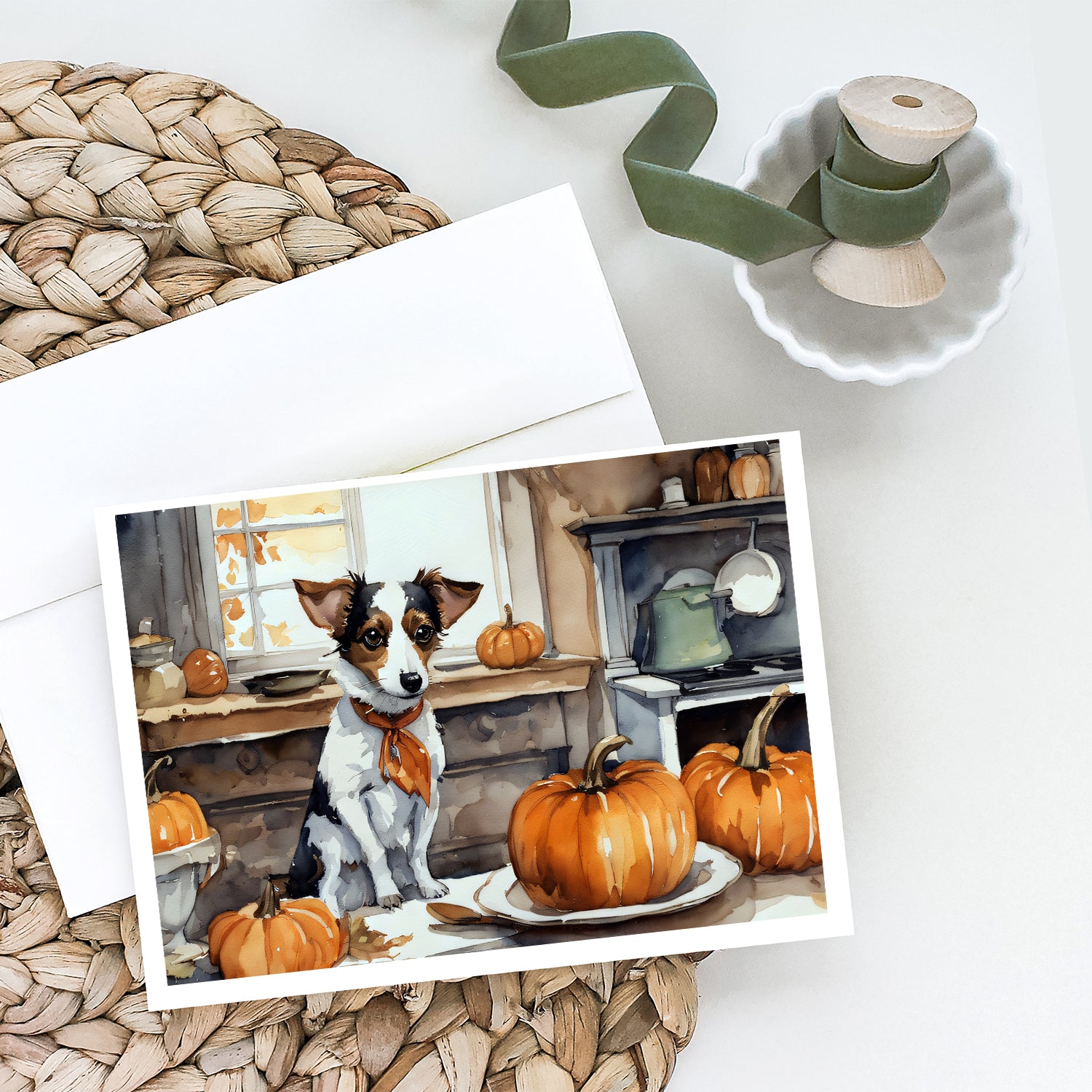 Jack Russell Terrier Fall Kitchen Pumpkins Greeting Cards and Envelopes Pack of 8  the-store.com.