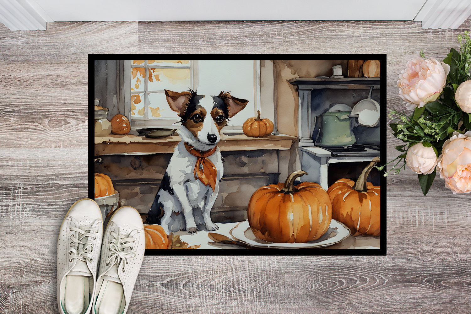 Jack Russell Terrier Fall Kitchen Pumpkins Indoor or Outdoor Mat 24x36  the-store.com.