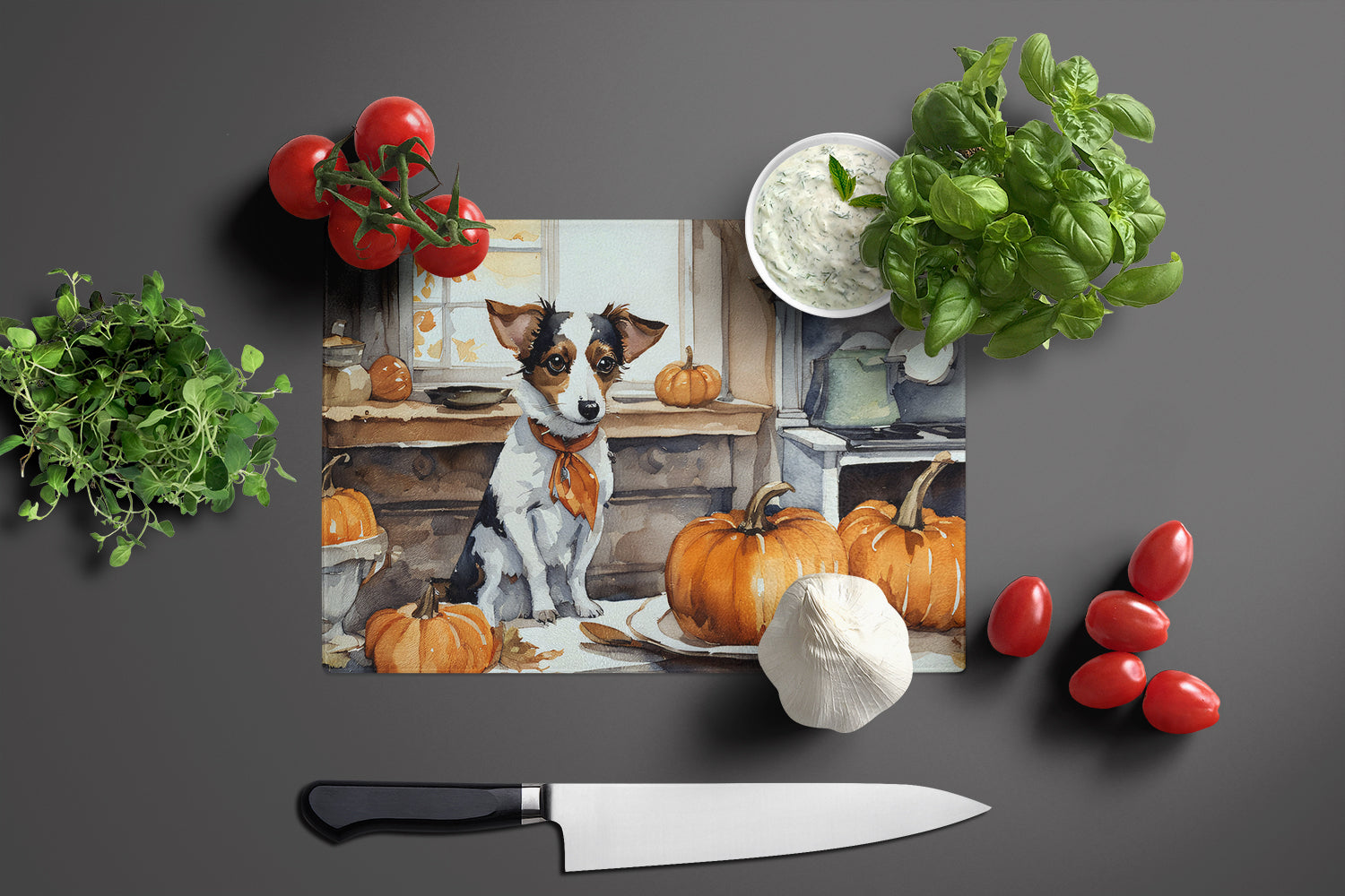 Jack Russell Terrier Fall Kitchen Pumpkins Glass Cutting Board Large  the-store.com.