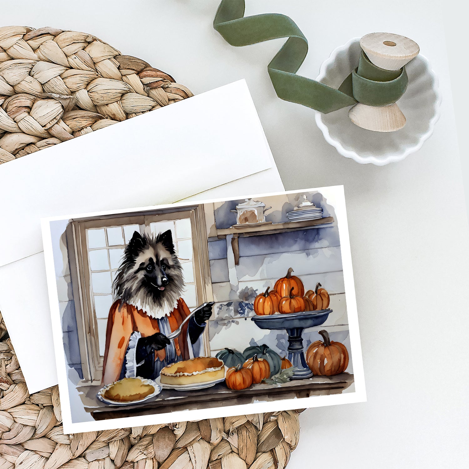 Buy this Keeshond Fall Kitchen Pumpkins Greeting Cards and Envelopes Pack of 8