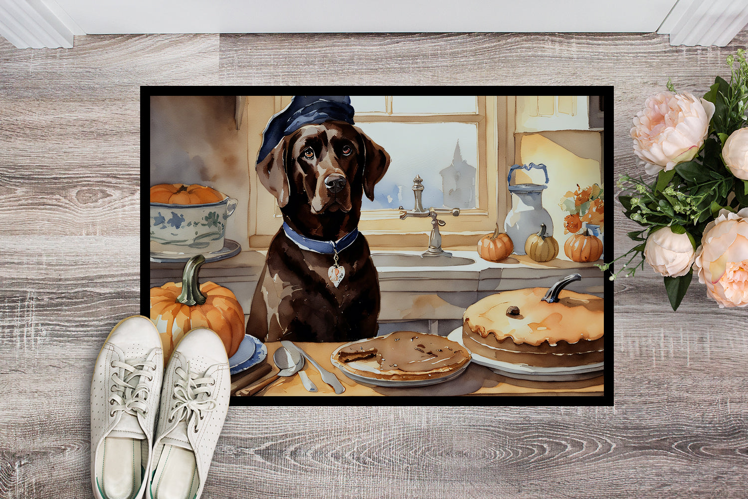 Buy this Chocolate Lab Fall Kitchen Pumpkins Indoor or Outdoor Mat 24x36