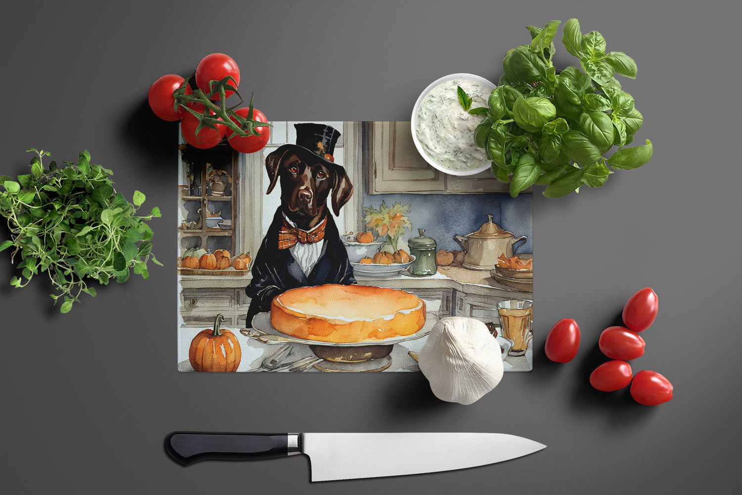 Chocolate Lab Fall Kitchen Pumpkins Glass Cutting Board Large  the-store.com.