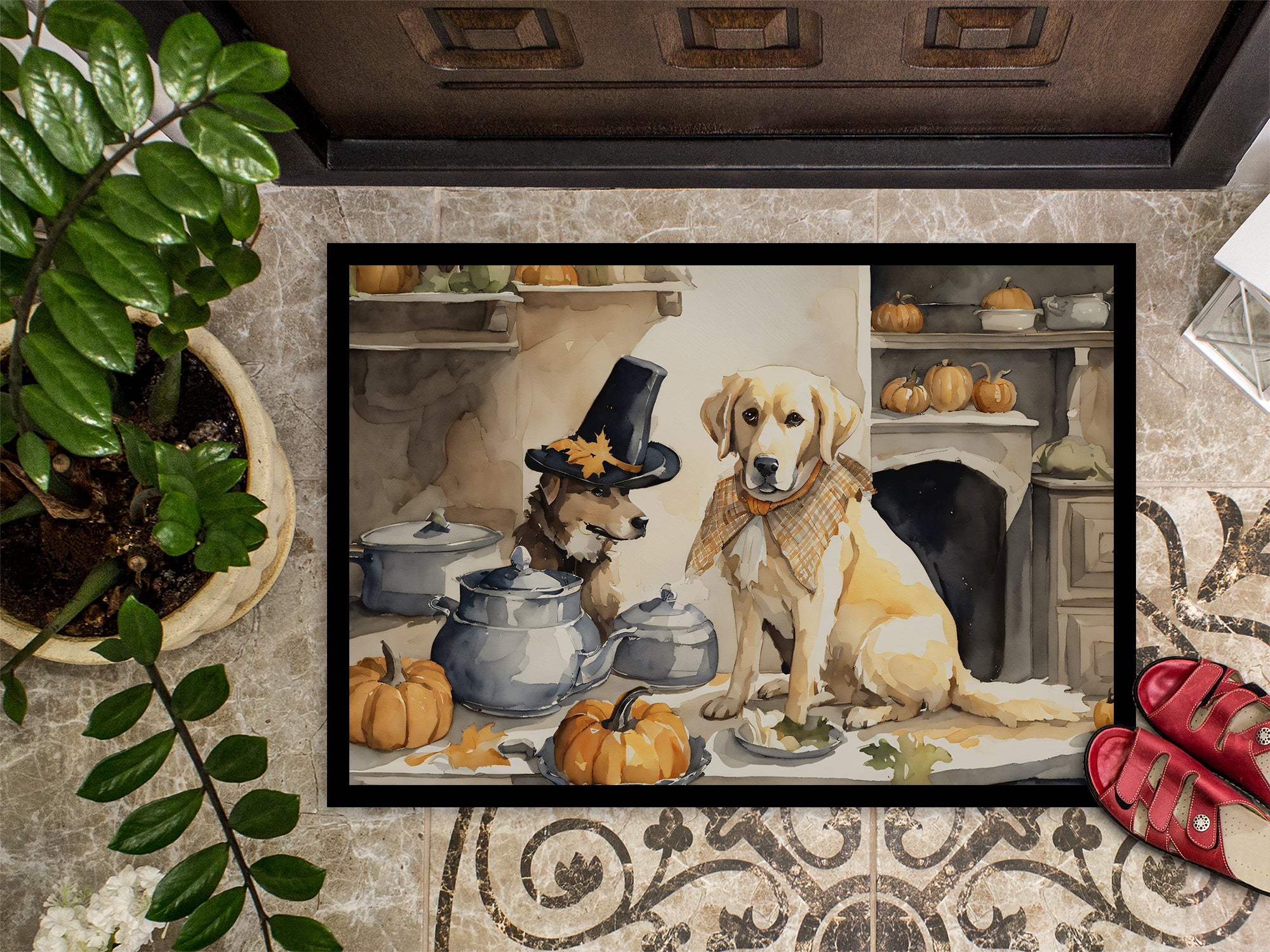 Yellow Lab Fall Kitchen Pumpkins Indoor or Outdoor Mat 24x36  the-store.com.