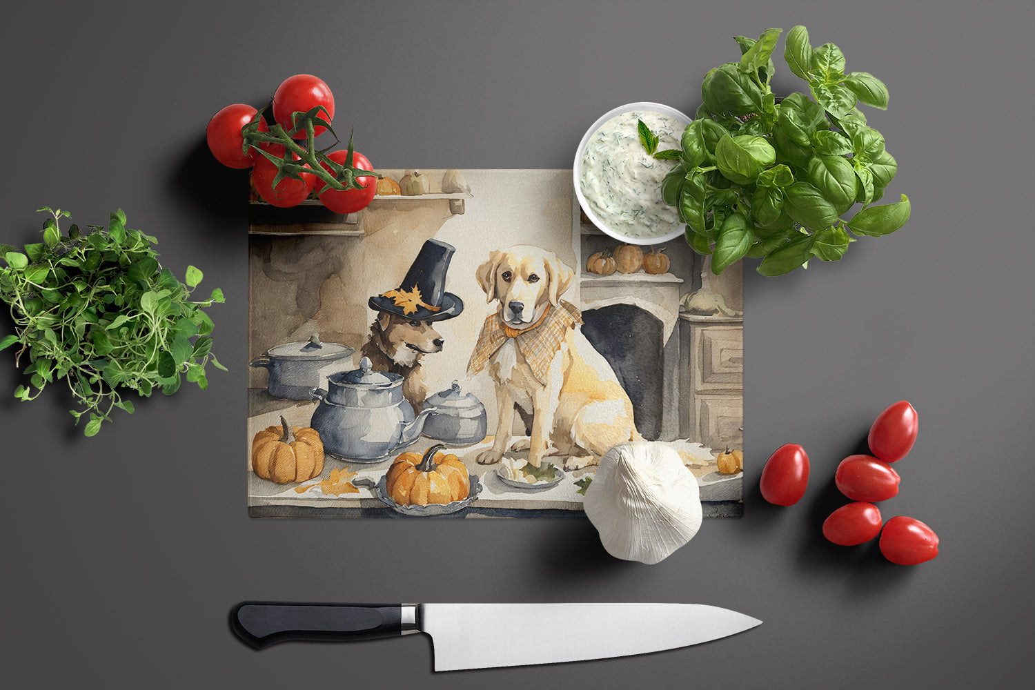 Yellow Lab Fall Kitchen Pumpkins Glass Cutting Board Large  the-store.com.