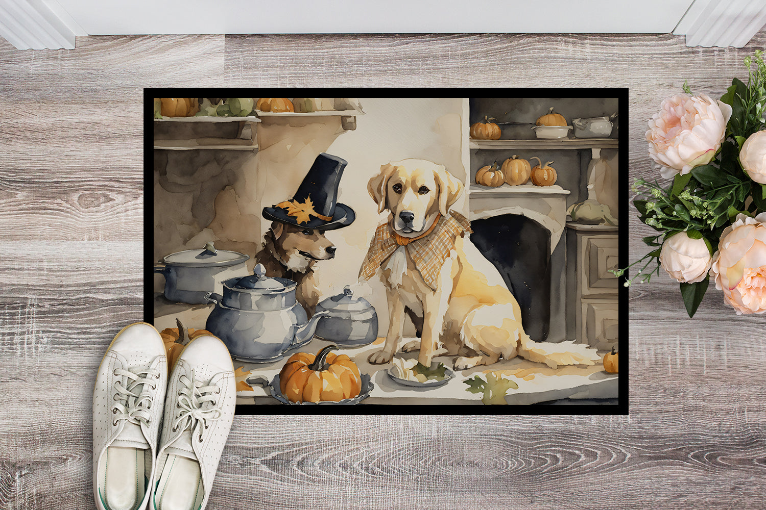 Buy this Yellow Lab Fall Kitchen Pumpkins Doormat 18x27