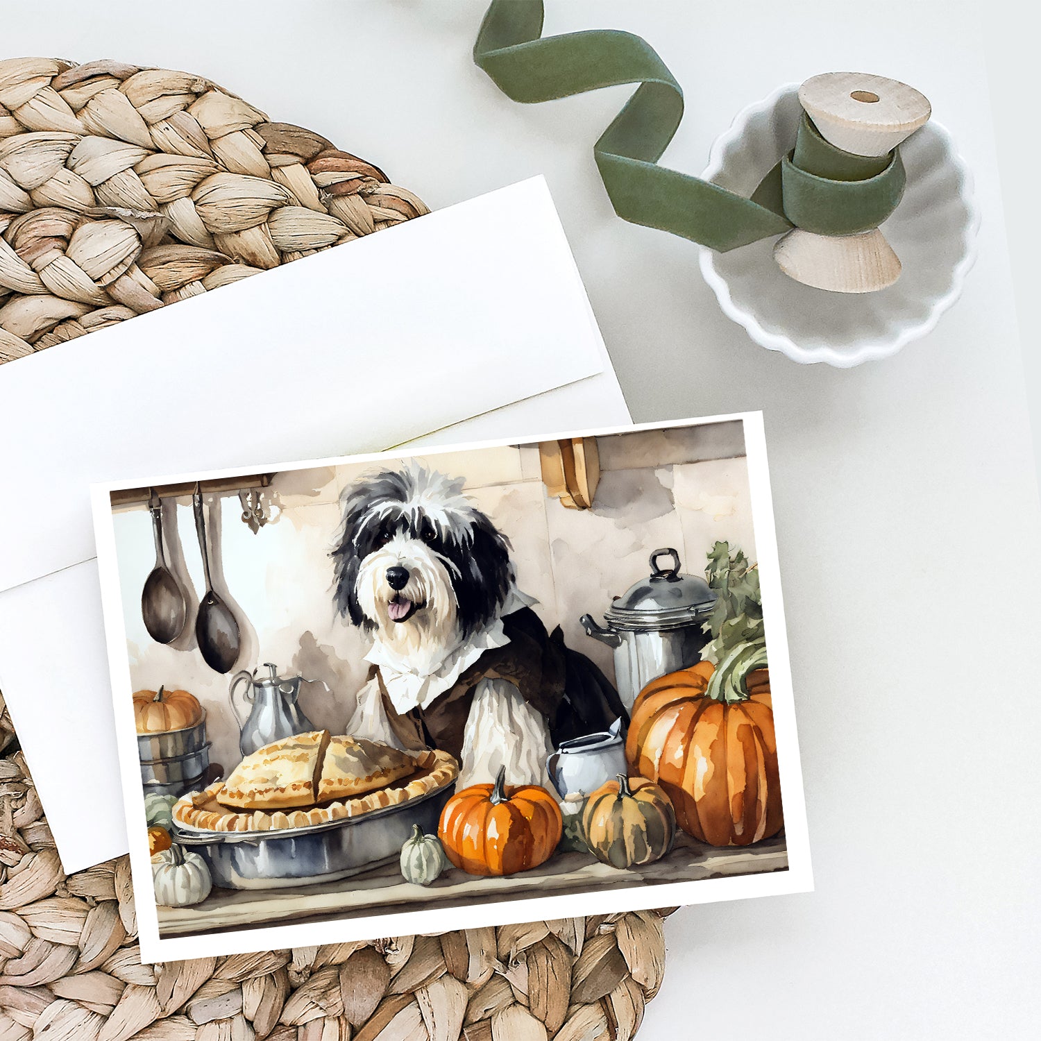 Old English Sheepdog Fall Kitchen Pumpkins Greeting Cards and Envelopes Pack of 8  the-store.com.