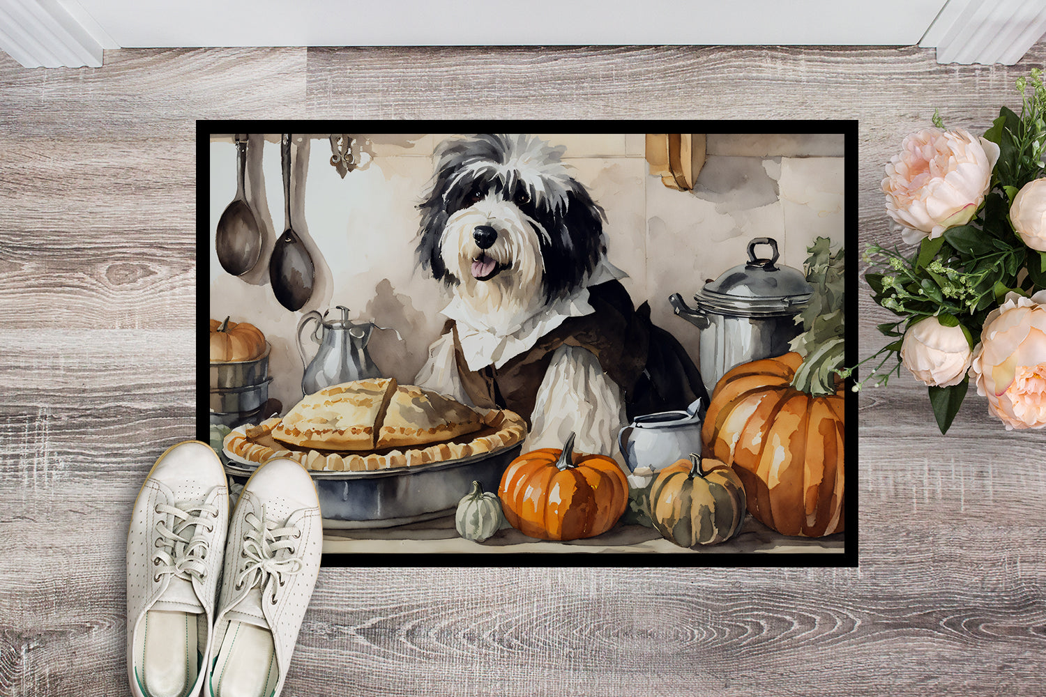 Old English Sheepdog Fall Kitchen Pumpkins Indoor or Outdoor Mat 24x36  the-store.com.