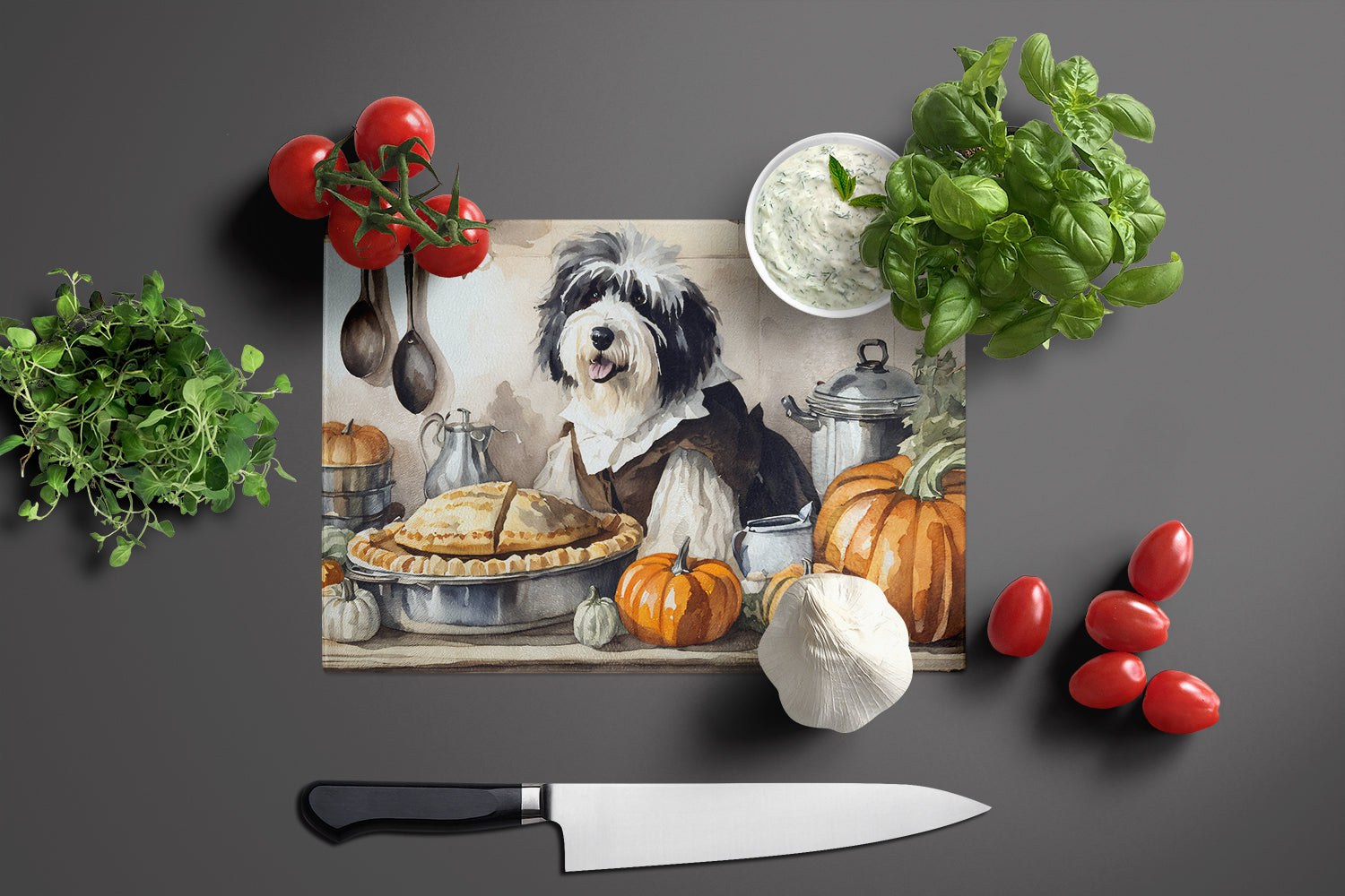 Old English Sheepdog Fall Kitchen Pumpkins Glass Cutting Board Large  the-store.com.