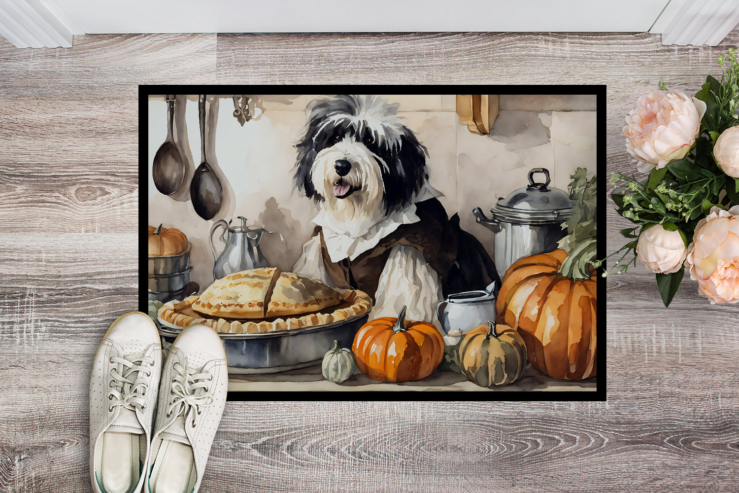 Buy this Old English Sheepdog Fall Kitchen Pumpkins Doormat 18x27