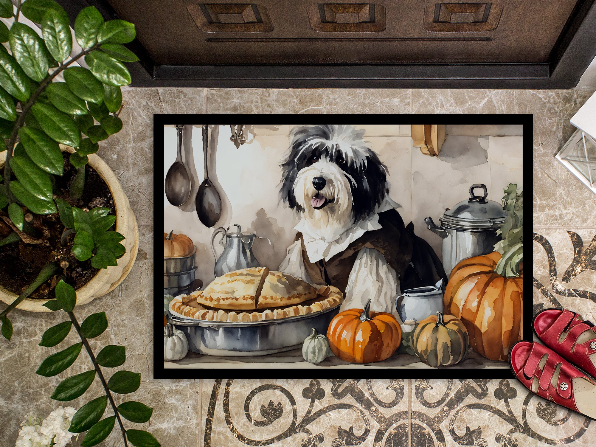 Old English Sheepdog Fall Kitchen Pumpkins Doormat 18x27