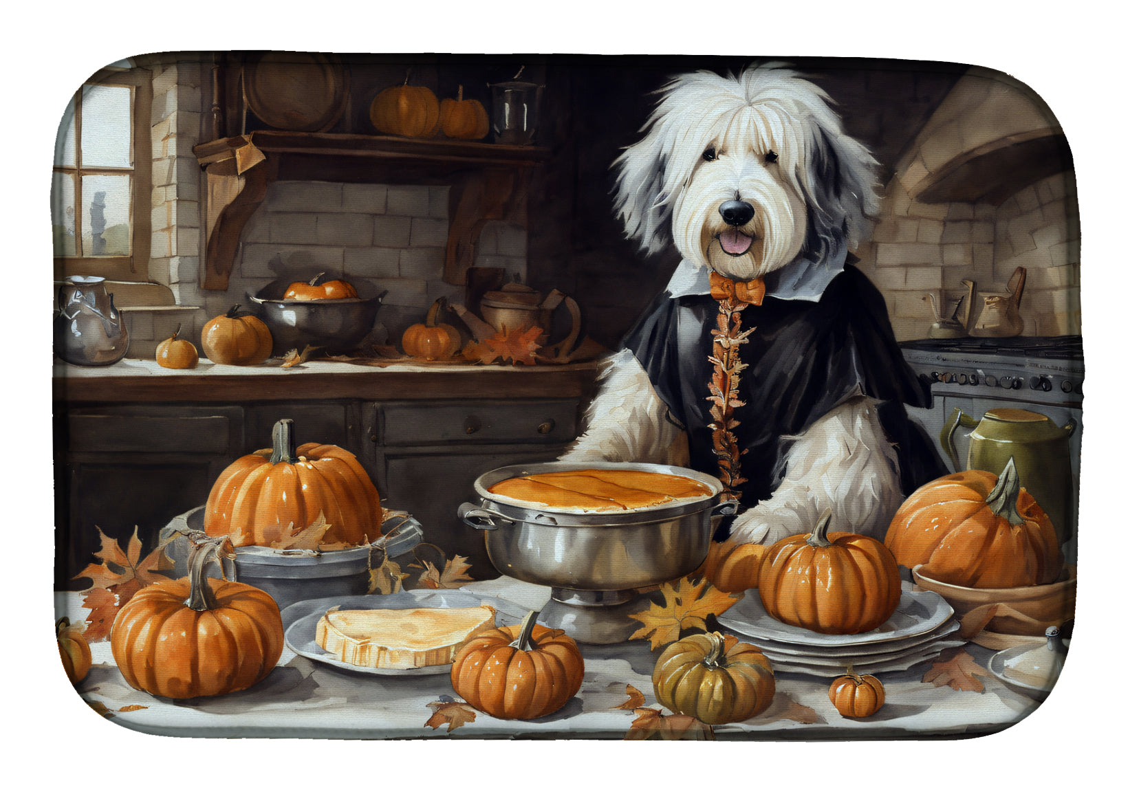 Buy this Old English Sheepdog Fall Kitchen Pumpkins Dish Drying Mat