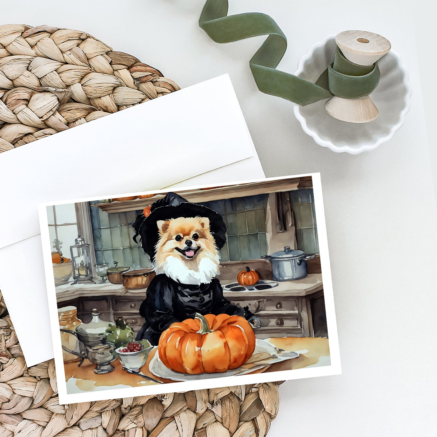 Pomeranian Fall Kitchen Pumpkins Greeting Cards and Envelopes Pack of 8