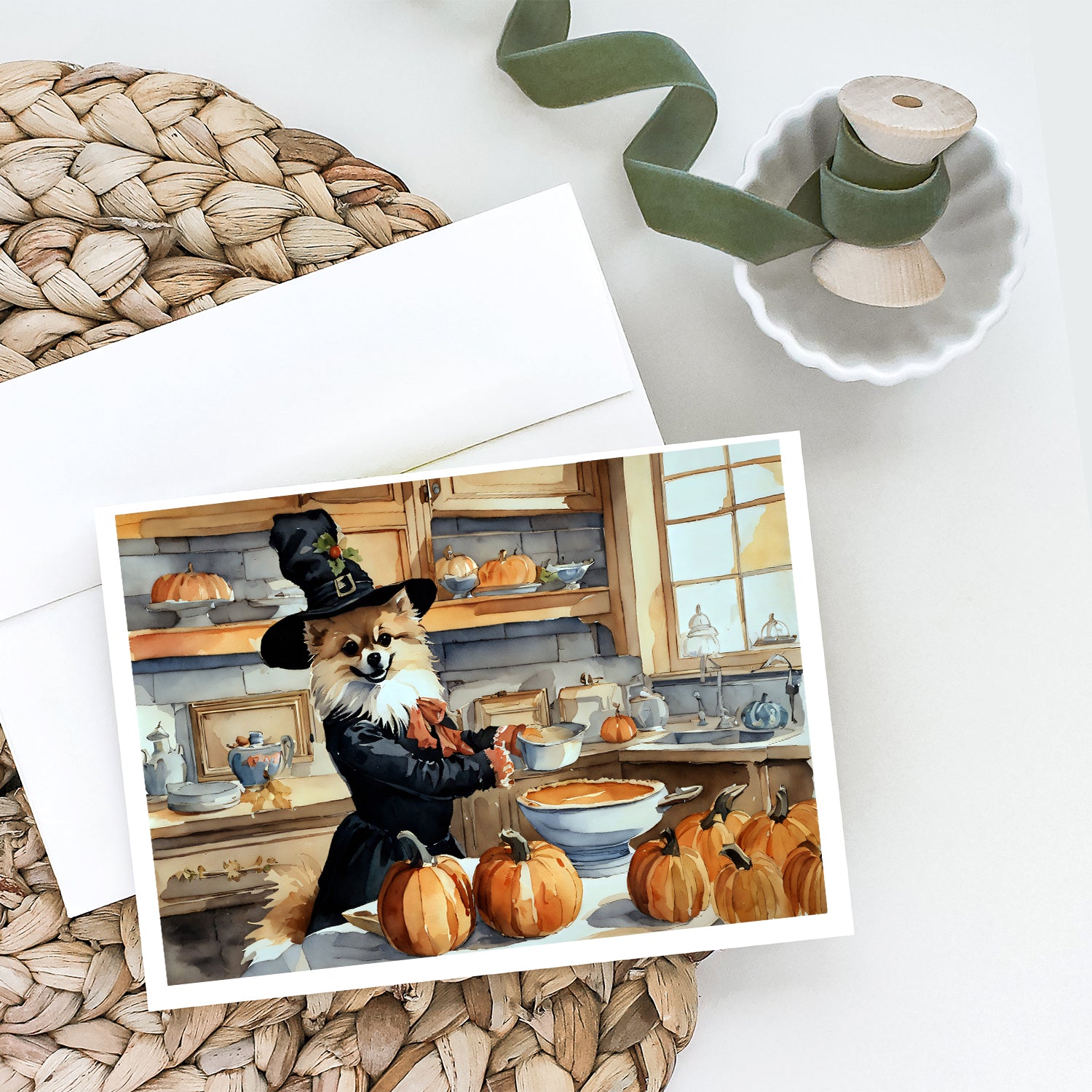 Pomeranian Fall Kitchen Pumpkins Greeting Cards and Envelopes Pack of 8  the-store.com.