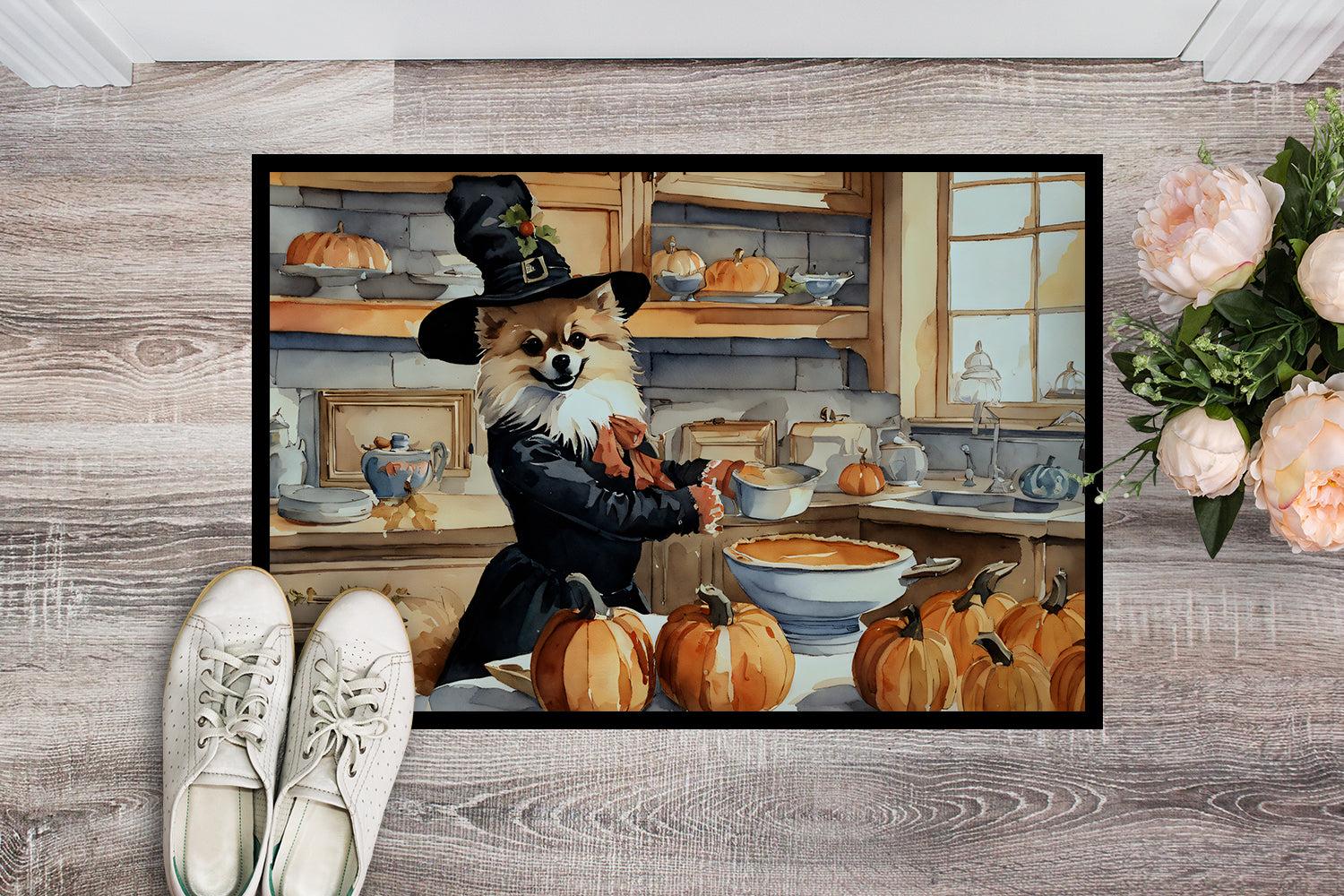 Pomeranian Fall Kitchen Pumpkins Indoor or Outdoor Mat 24x36  the-store.com.