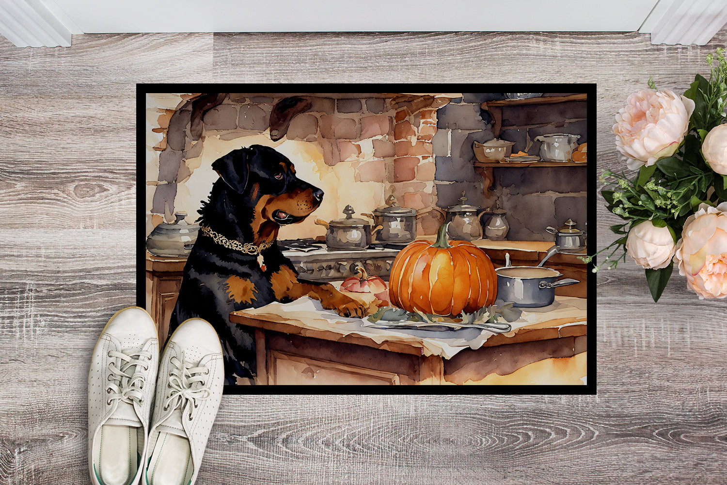 Rottweiler Fall Kitchen Pumpkins Indoor or Outdoor Mat 24x36  the-store.com.