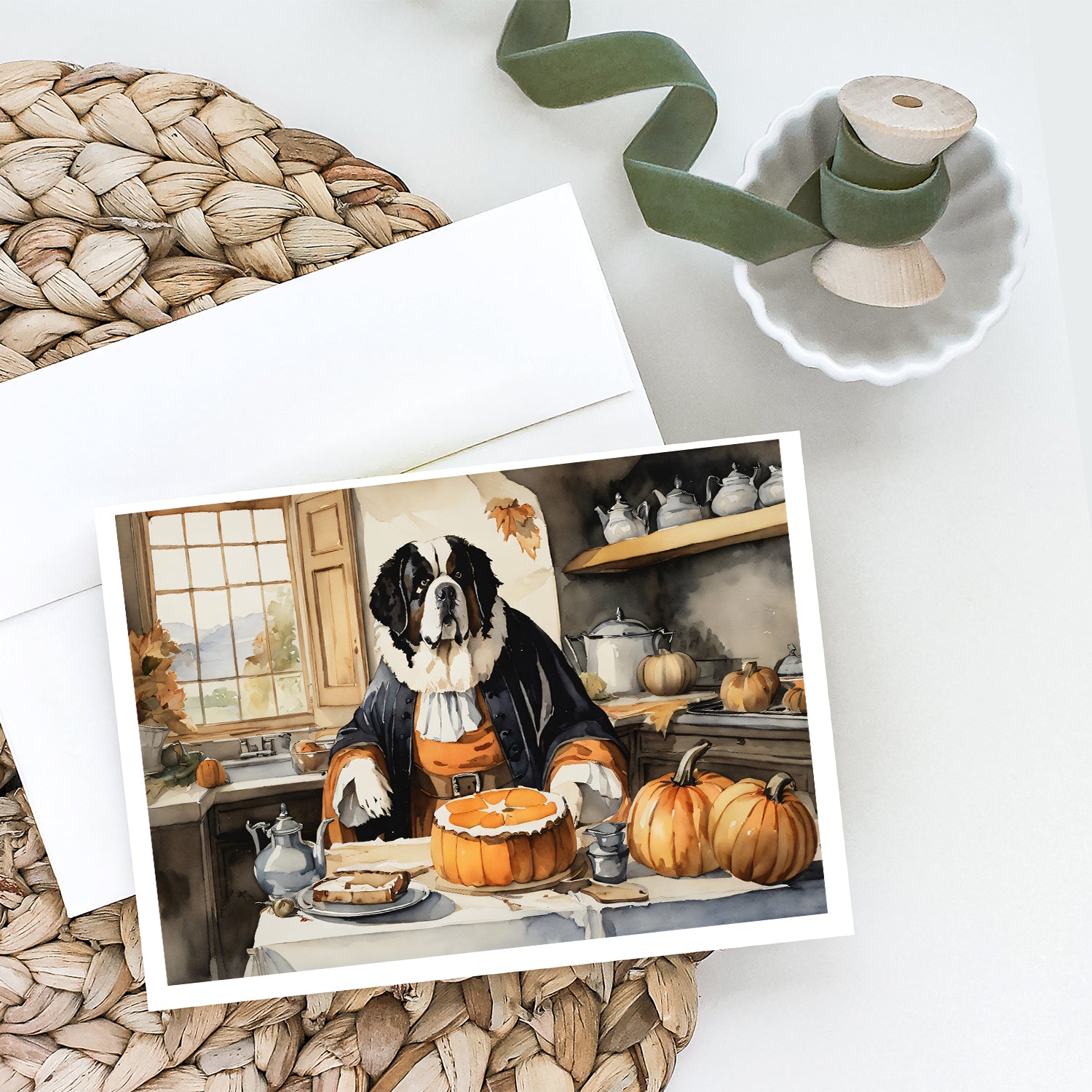 Saint Bernard Fall Kitchen Pumpkins Greeting Cards and Envelopes Pack of 8  the-store.com.