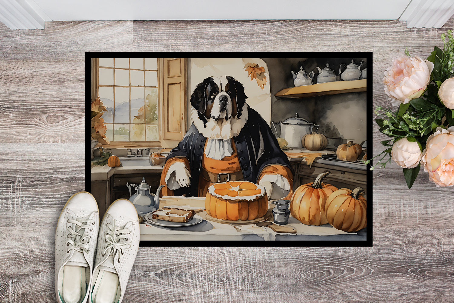 Saint Bernard Fall Kitchen Pumpkins Indoor or Outdoor Mat 24x36  the-store.com.