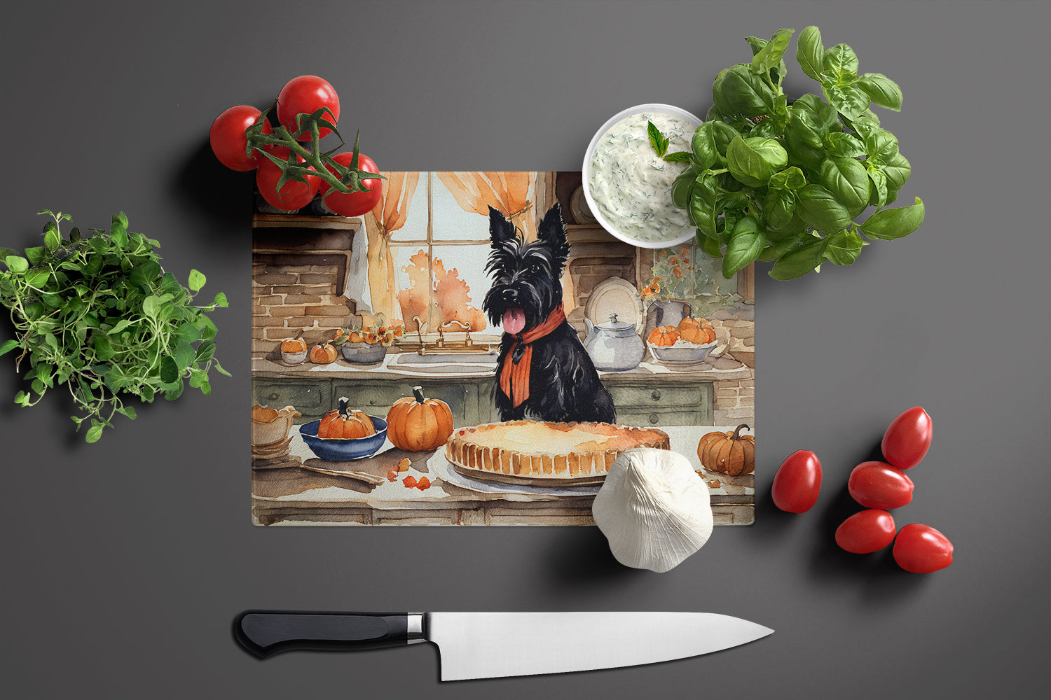 Scottish Terrier Fall Kitchen Pumpkins Glass Cutting Board Large  the-store.com.
