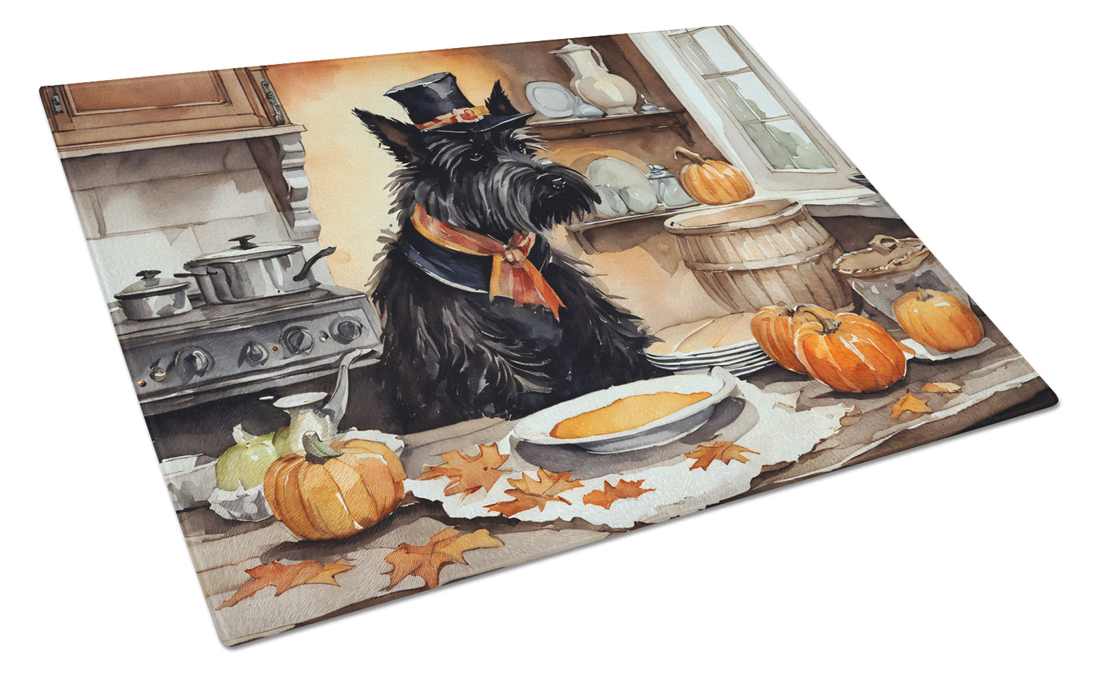 Buy this Scottish Terrier Fall Kitchen Pumpkins Glass Cutting Board Large