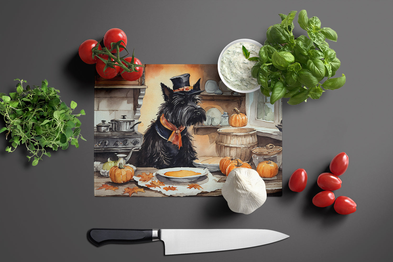 Scottish Terrier Fall Kitchen Pumpkins Glass Cutting Board Large  the-store.com.
