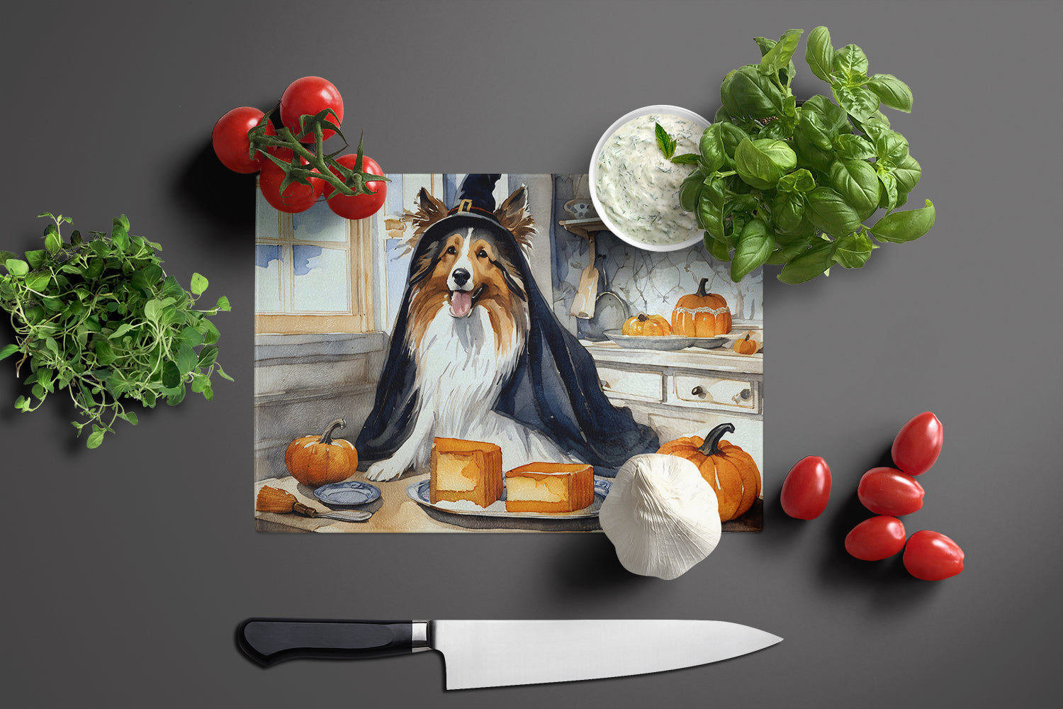 Sheltie Fall Kitchen Pumpkins Glass Cutting Board Large