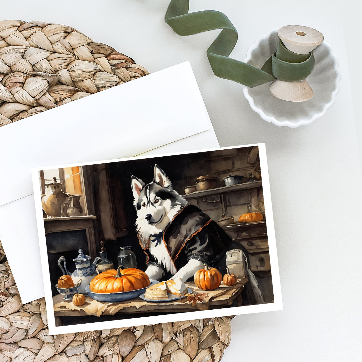 Buy this Siberian Husky Fall Kitchen Pumpkins Greeting Cards and Envelopes Pack of 8