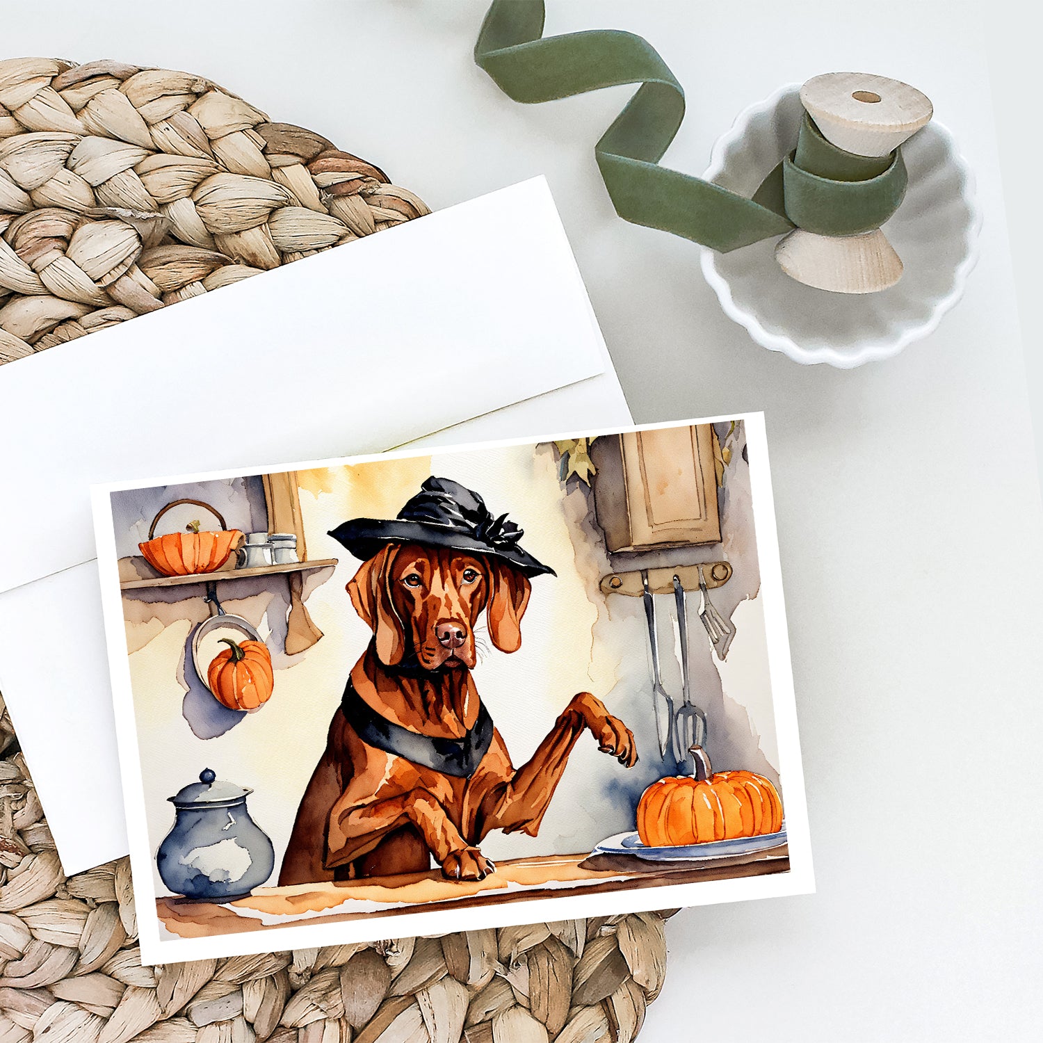 Vizsla Fall Kitchen Pumpkins Greeting Cards and Envelopes Pack of 8  the-store.com.