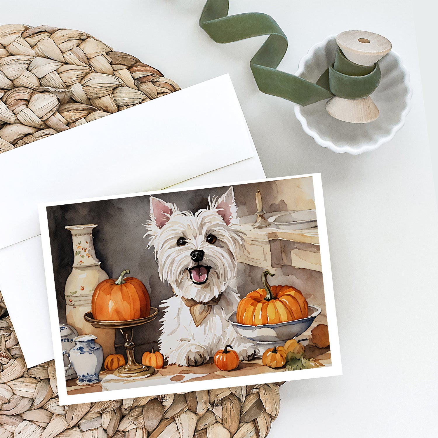 Buy this Westie Fall Kitchen Pumpkins Greeting Cards and Envelopes Pack of 8