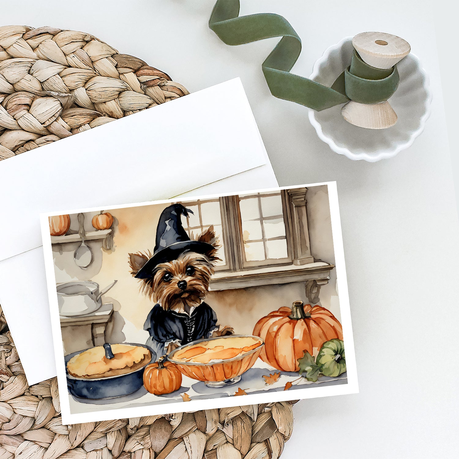 Yorkie Fall Kitchen Pumpkins Greeting Cards and Envelopes Pack of 8  the-store.com.