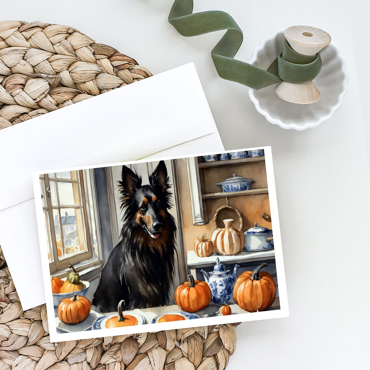 Buy this Belgian Sheepdog Fall Kitchen Pumpkins Greeting Cards and Envelopes Pack of 8