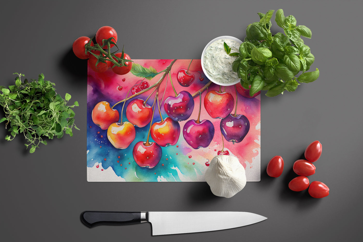 Colorful Cherries Glass Cutting Board Large  the-store.com.