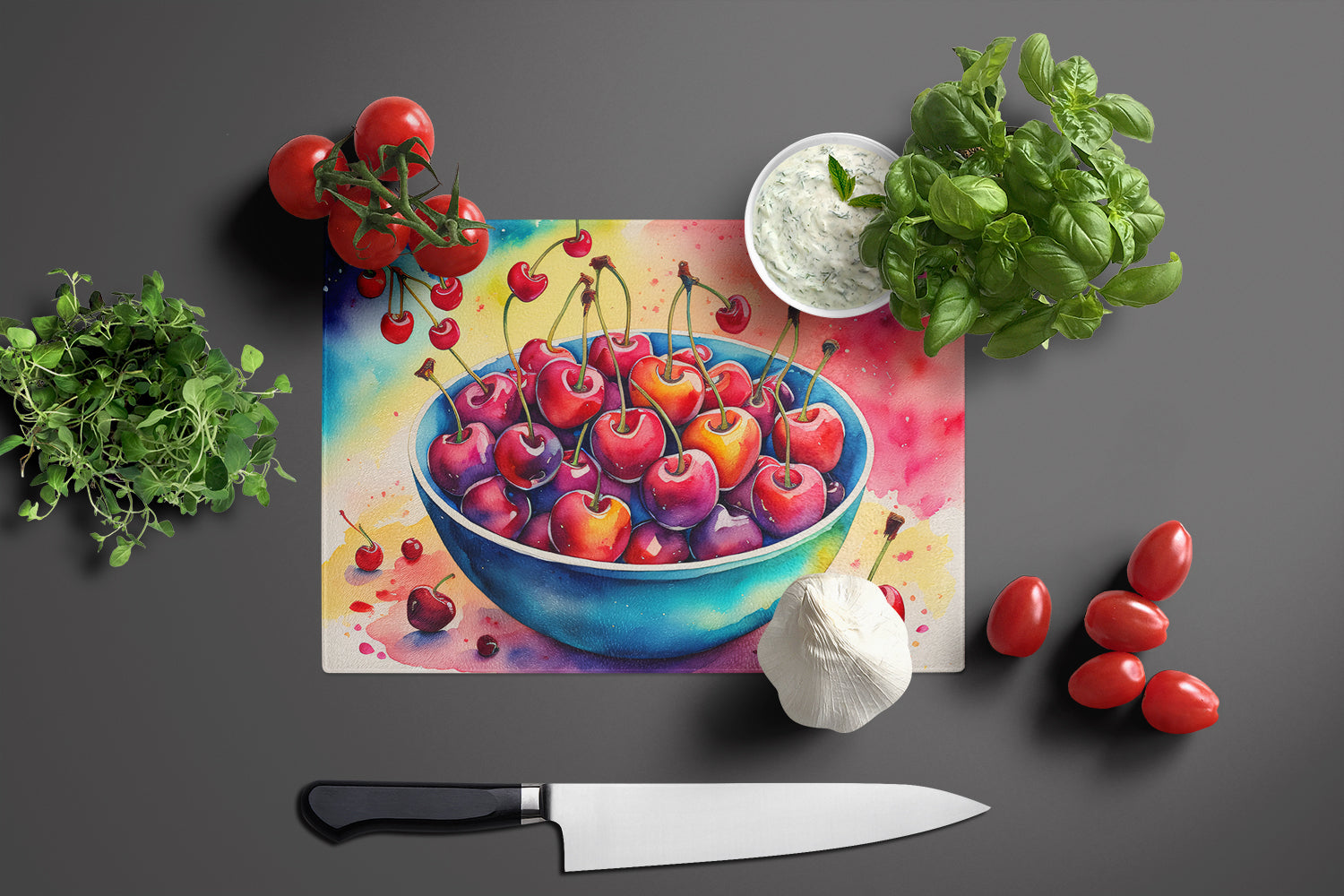 Colorful Cherries Glass Cutting Board Large  the-store.com.