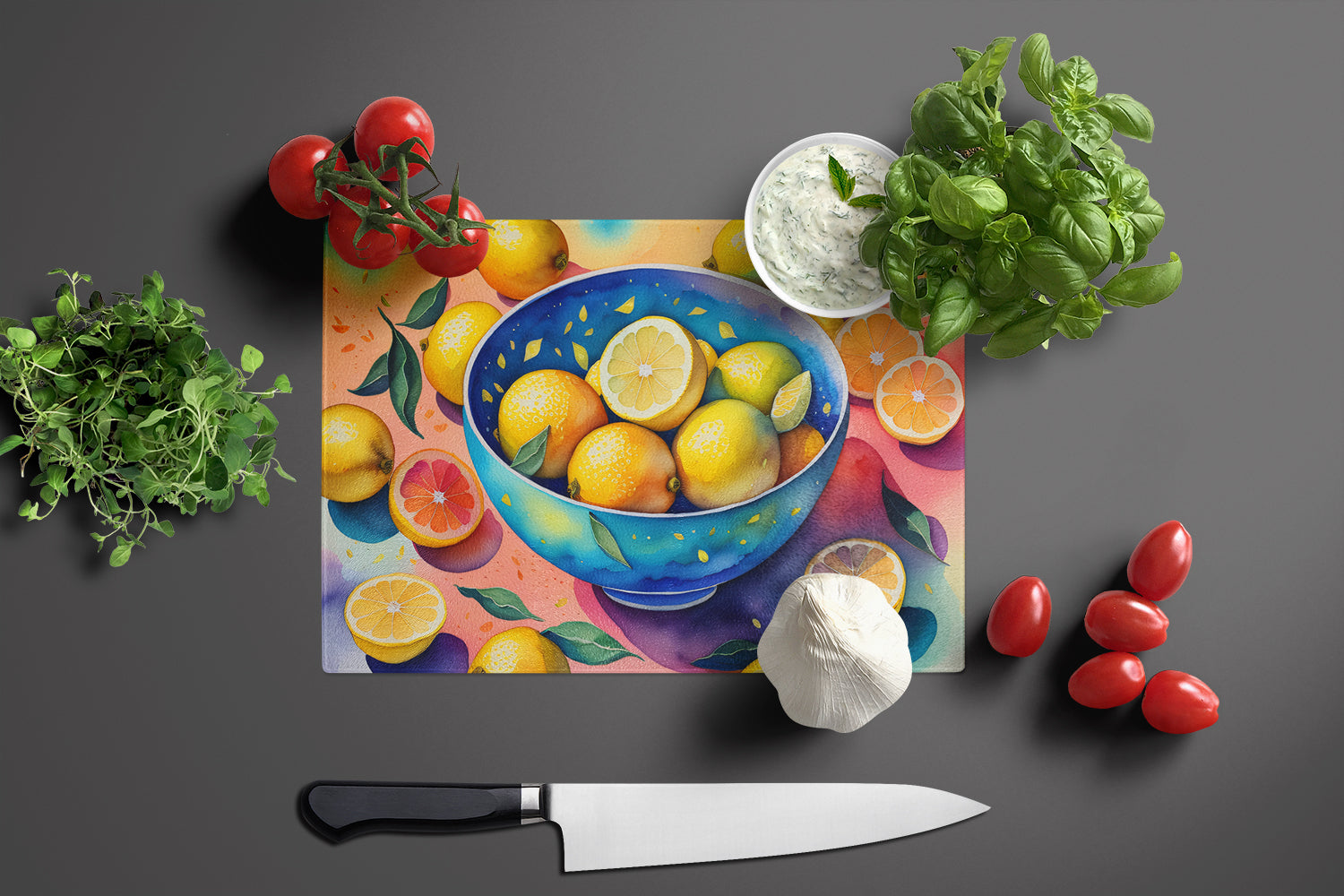 Colorful Lemons Glass Cutting Board Large  the-store.com.