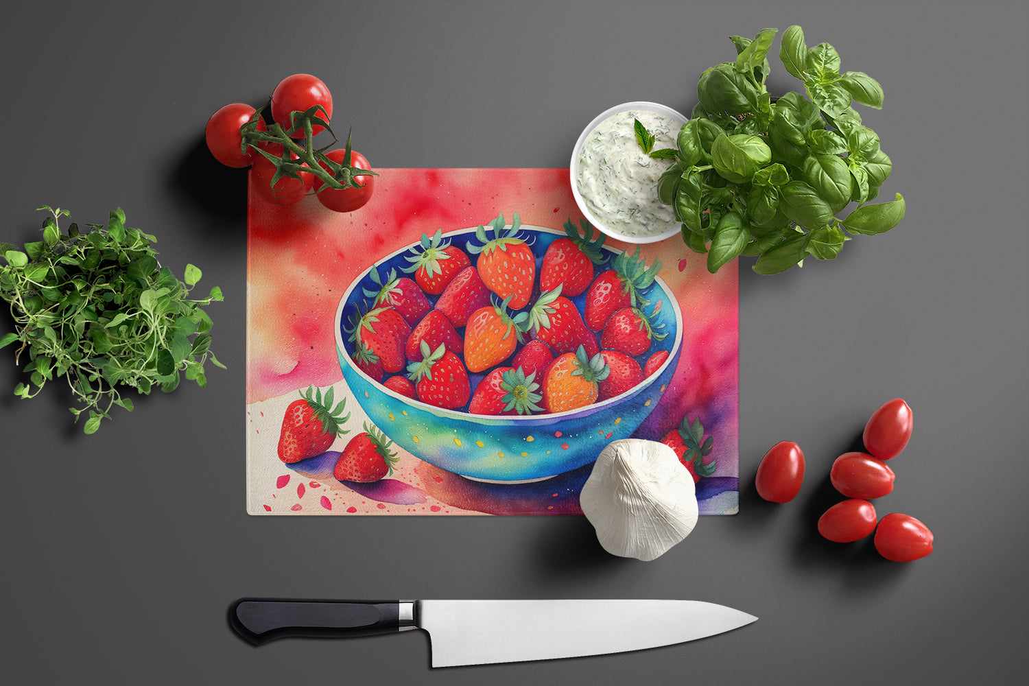 Colorful Strawberries Glass Cutting Board Large  the-store.com.