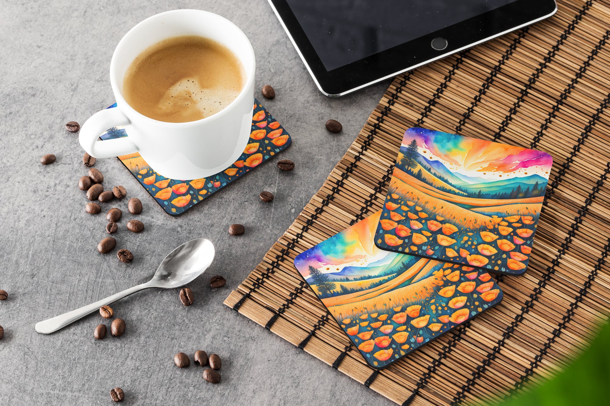 Colorful California poppies Foam Coaster Set of 4  the-store.com.